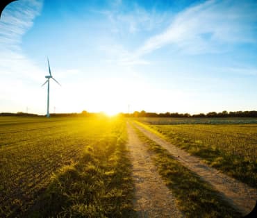 Campo com estrada de terra e uma turbina eolica