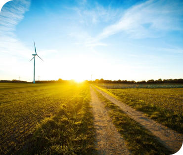 Campo com estrada de terra e uma turbina eolica